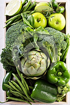 Variety of green vegetables and fruits