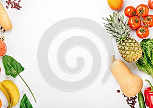 Variety health food on a white background with copy space