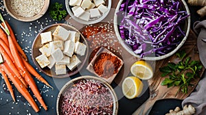 Variety of healthy foods with carrots, red cabbage, tofu, spices, and grains