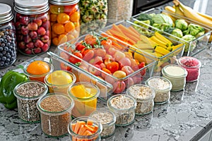 Variety of healthy foods on kitchen counter