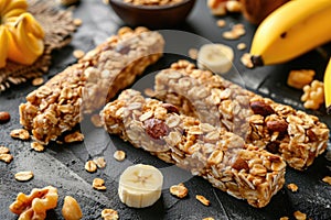 Variety of healthy granola bars with nuts, fruits, and berries on a textured background