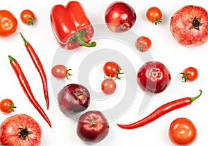 Variety of healthy organic only red color vegetables and fruits on white background. Top view of ripe raw juice produce.