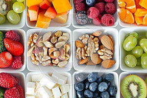 A variety of healthy snacks including fruits, nuts and cheese arranged in small white bowls on a clean background. Ai