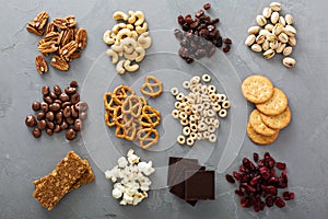 Variety of healthy snacks overhead shot