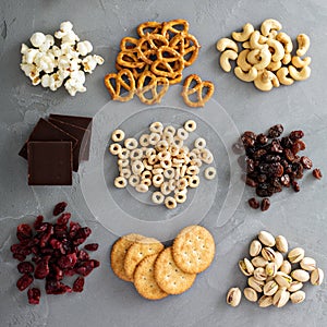 Variety of healthy snacks overhead shot