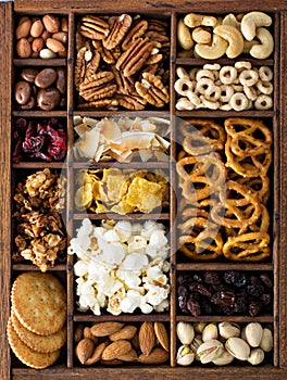 Variety of healthy snacks overhead shot