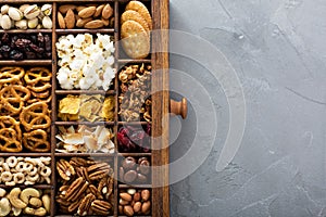 Variety of healthy snacks overhead shot