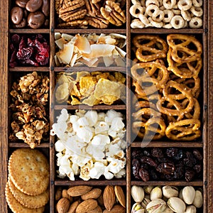 Variety of healthy snacks overhead shot