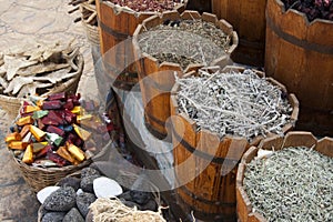 Variety of Herbs and spices in buckets