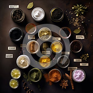 A variety of herbs and spices in the jars. Some seeds and ingredients on the table. Top view. Generative AI