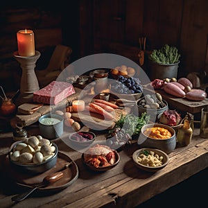 Variety of high protein foods on wooden table
