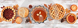 Variety of homemade autumn pies, table scene on a white wood banner