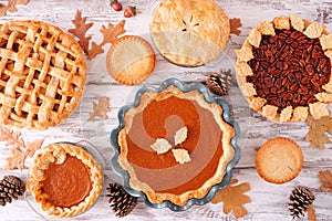 Variety of homemade autumn pies. Top down view table scene over white wood.