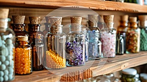 Variety of homeopathic remedies in glass bottles on a wooden shelf. Homeopathic pharmacy interior. Concept of