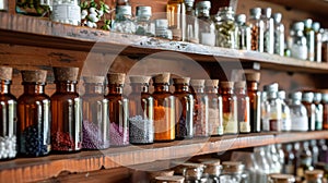 Variety of homeopathic remedies in glass bottles on a wooden shelf. Homeopathic pharmacy interior. Concept of