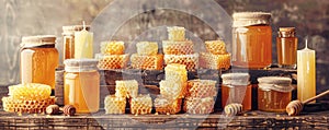 Variety of honey products displayed on rustic wood, including jars, honeycombs, and candles. Warm lighting emphasizes