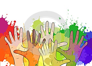 Variety of human hands on background of watercolor splashes