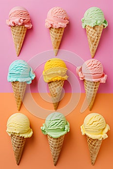 Variety of ice cream cones with differenc flavours and colors photo