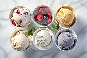 Variety of ice cream flavors in cups overhead on white , generative AI