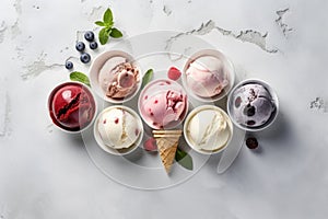 Variety of ice cream flavors in cups overhead on white , generative AI