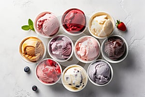 Variety of ice cream flavors in cups overhead on white , generative AI