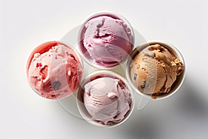 Variety of ice cream flavors in cups overhead on white , generative AI