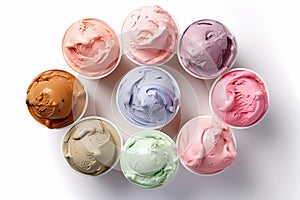 Variety of ice cream flavors in cups overhead on white , generative AI