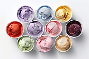 Variety of ice cream flavors in cups overhead on white , generative AI