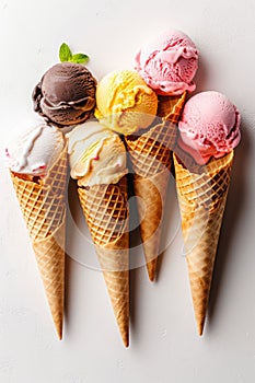 Variety of ice cream flavors in waffle cones overhead on white , generative AI