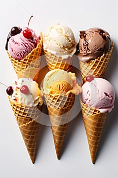 Variety of ice cream flavors in waffle cones overhead on white , generative AI