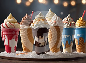 Variety of ice cream scoops in cones with chocolate, vanilla and strawberry