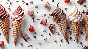 Variety of ice cream scoops in cones with chocolate, vanilla and strawberry