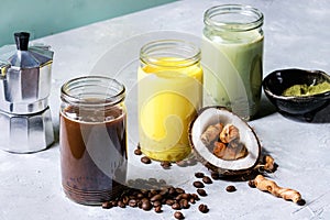 Variety of iced latte drinks.