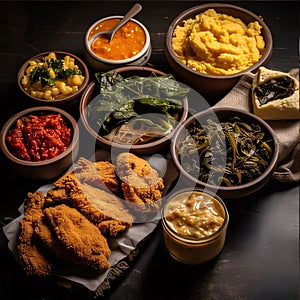 Variety of Indian snacks and appetizers including fried chicken, chickpeas, pakora pakoda patties, moong dumplings, bhajji bajji photo