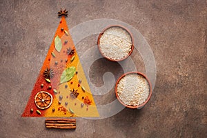A variety of Indian spices in the shape of a Christmas tree and a bowl of rice. Traditional Indian seasoning. Top view, flat lay