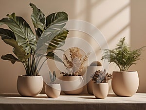 A variety of indoor plants in different sizes and shapes. A minimalist image that is perfect for home decor or office space
