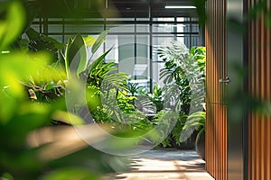 Variety of indoor plants strategically positioned, enhancing office ambiance