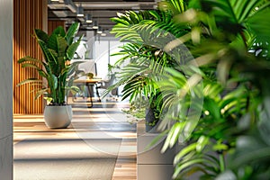 Variety of indoor plants strategically positioned, enhancing office ambiance