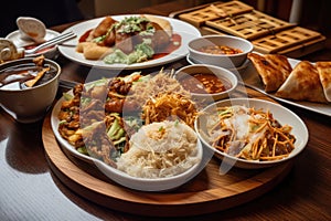 a variety of international fast food dishes on a plate, with chopsticks and forks nearby