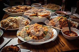 a variety of international fast food dishes on a plate, with chopsticks and forks nearby