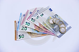 Variety of Italian banknotes and coins