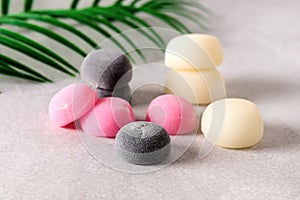 Variety of Japanese Dessert Mochi on Gray Background Horizontal