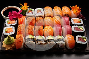 A variety of Japanese sushi and rolls with salmon and avocado.