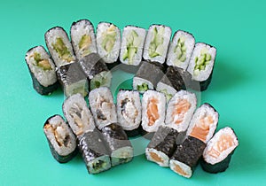 Variety of japanese sushi rolls on the table