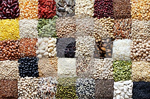 Variety kinds of natural cereal and grain seed in chessboard pattern