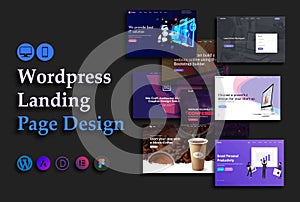 a variety of landing pages, a website page and several web ui