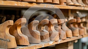 A variety of lasts each uniquely shaped for different foot types lined up on a shelf in the workshop