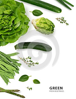 Variety of leafy green vegetables isolated on white background.