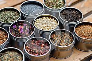 Variety of Loose Leaf Teas and Herbal Blends in Tin Containers