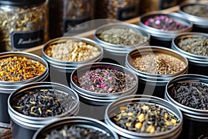 Variety of Loose Leaf Teas and Herbal Blends in Tin Containers photo